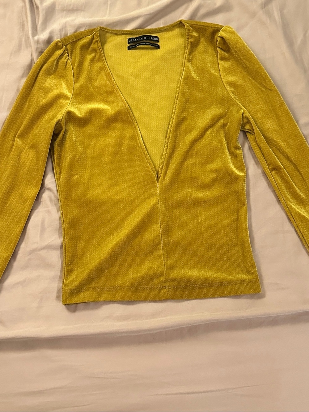 Urban Outfitters Mustard Velvet Deep V Plunge Long Sleeve Cropped Top